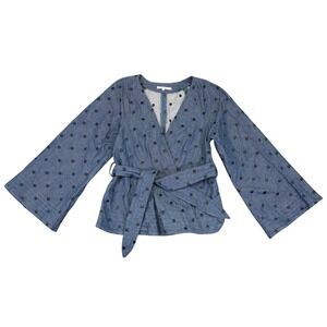 Tularosa Wrap Top Women XS Blue Polka Dot Denim Jean Jacket Kimono Sleeve Belted